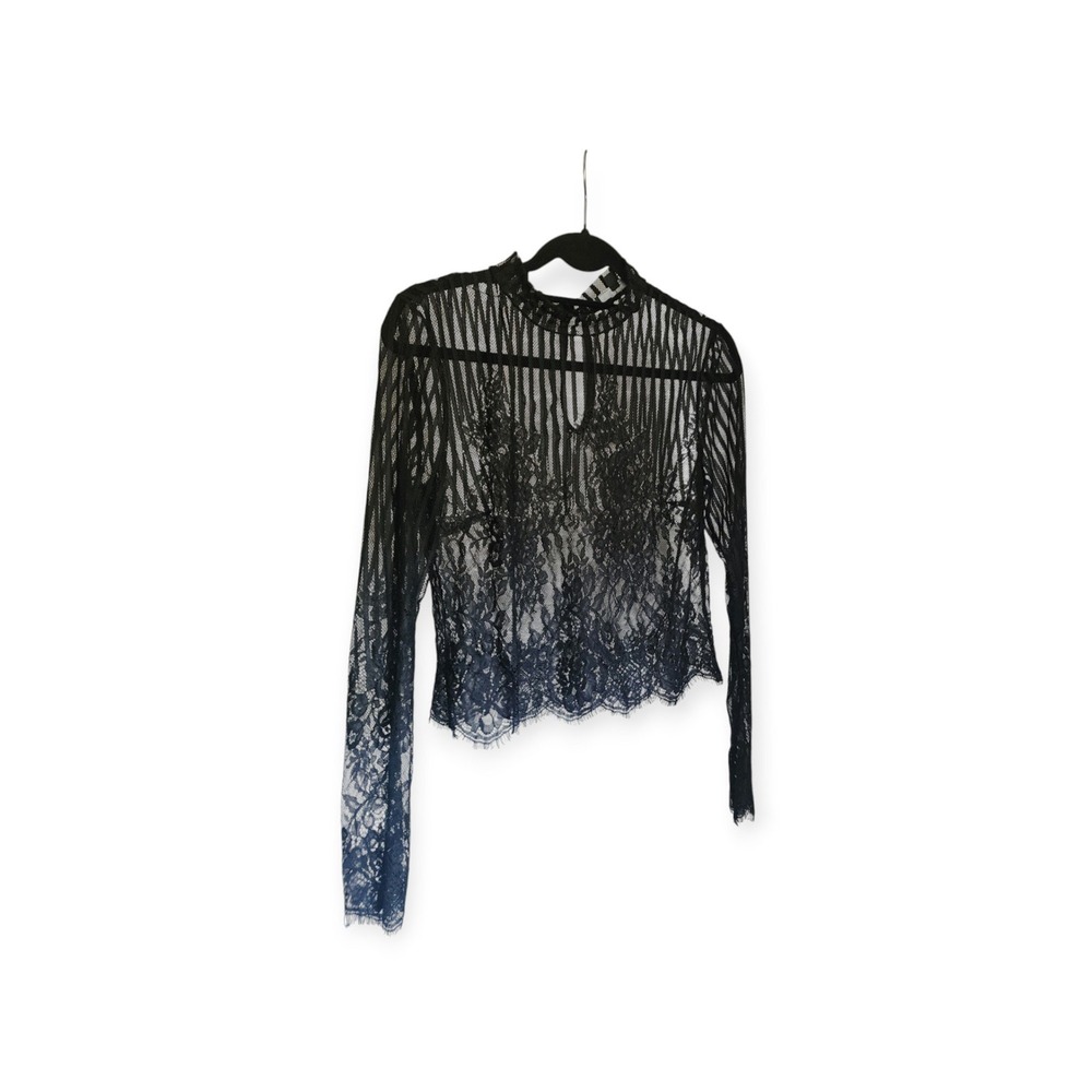 Lulus Tempt Me Black Sheer Lace Long Sleeve Crop Top Mock Neck Medium - Picture 8 of 9